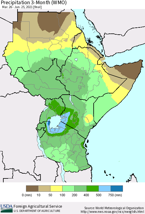 Eastern Africa Precipitation 3-Month (WMO) Thematic Map For 3/26/2021 - 6/25/2021
