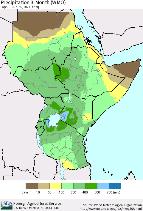 Eastern Africa Precipitation 3-Month (WMO) Thematic Map For 4/1/2021 - 6/30/2021