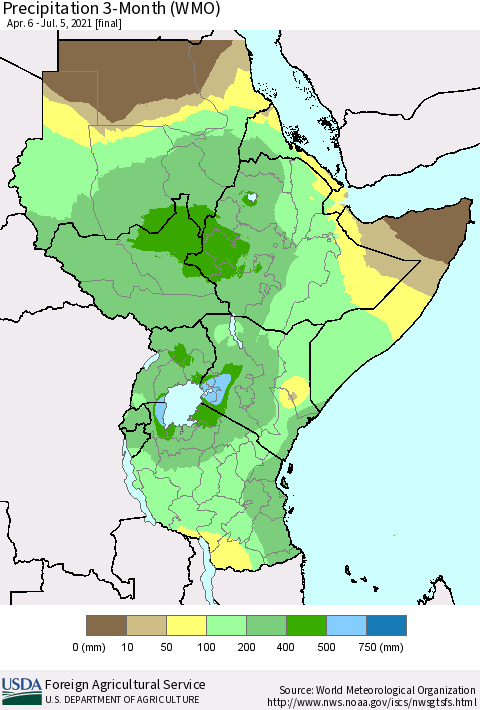 Eastern Africa Precipitation 3-Month (WMO) Thematic Map For 4/6/2021 - 7/5/2021