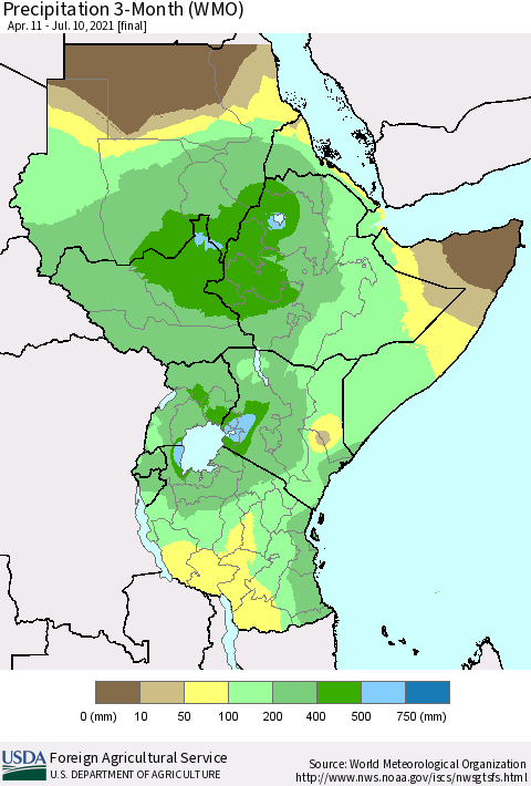 Eastern Africa Precipitation 3-Month (WMO) Thematic Map For 4/11/2021 - 7/10/2021