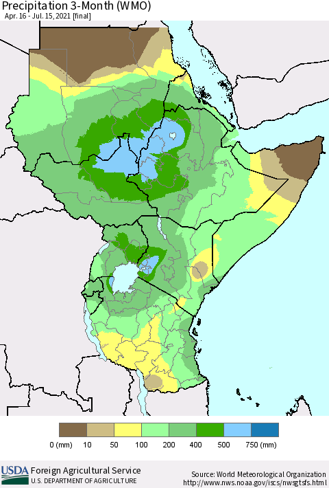 Eastern Africa Precipitation 3-Month (WMO) Thematic Map For 4/16/2021 - 7/15/2021