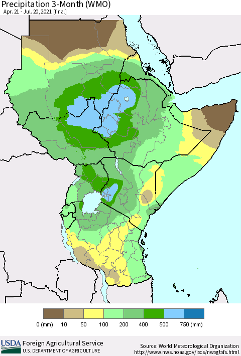 Eastern Africa Precipitation 3-Month (WMO) Thematic Map For 4/21/2021 - 7/20/2021