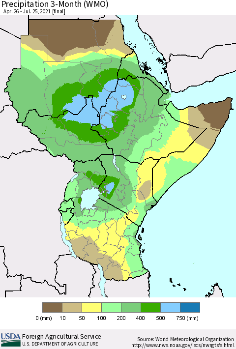 Eastern Africa Precipitation 3-Month (WMO) Thematic Map For 4/26/2021 - 7/25/2021