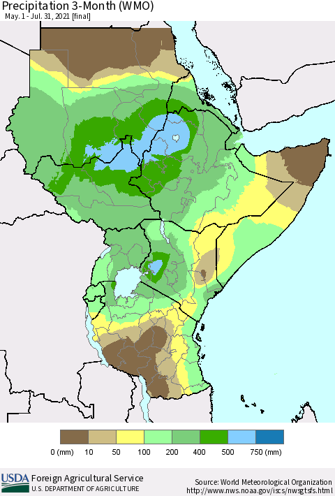 Eastern Africa Precipitation 3-Month (WMO) Thematic Map For 5/1/2021 - 7/31/2021