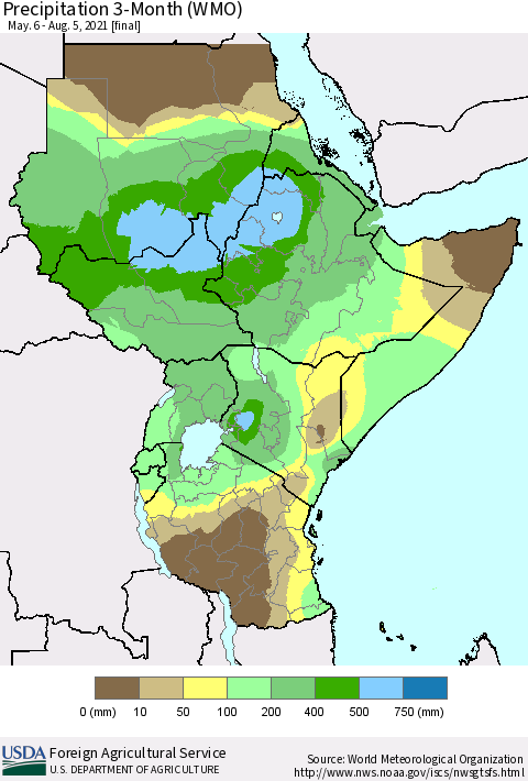 Eastern Africa Precipitation 3-Month (WMO) Thematic Map For 5/6/2021 - 8/5/2021