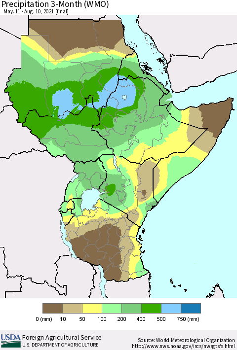 Eastern Africa Precipitation 3-Month (WMO) Thematic Map For 5/11/2021 - 8/10/2021