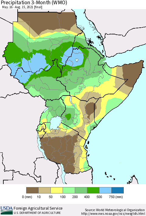 Eastern Africa Precipitation 3-Month (WMO) Thematic Map For 5/16/2021 - 8/15/2021