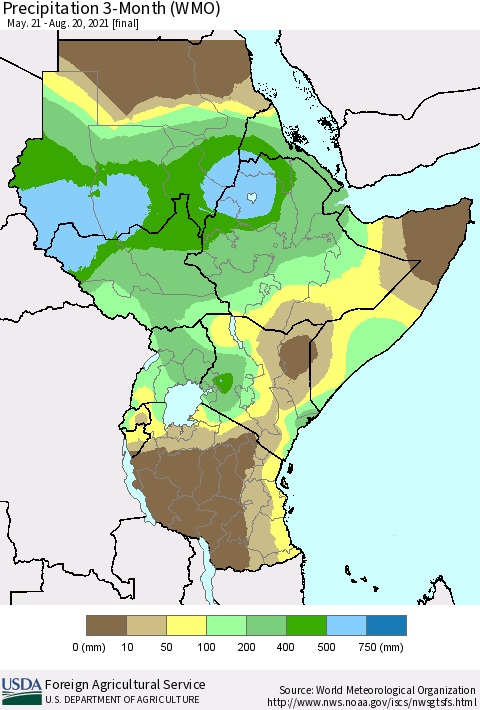 Eastern Africa Precipitation 3-Month (WMO) Thematic Map For 5/21/2021 - 8/20/2021