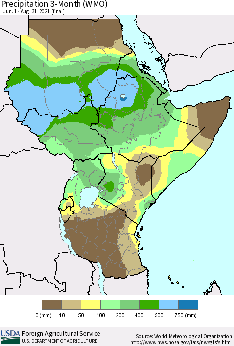 Eastern Africa Precipitation 3-Month (WMO) Thematic Map For 6/1/2021 - 8/31/2021
