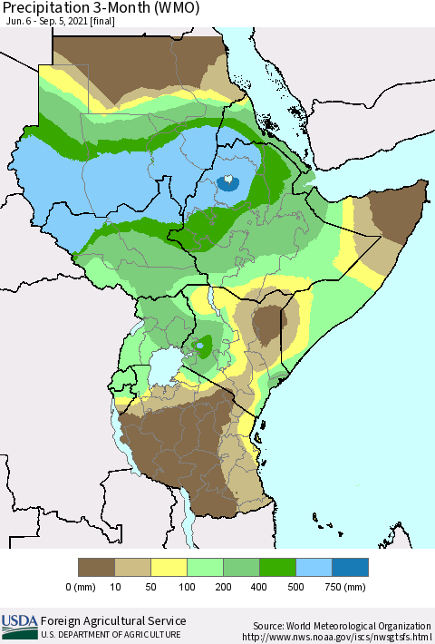 Eastern Africa Precipitation 3-Month (WMO) Thematic Map For 6/6/2021 - 9/5/2021