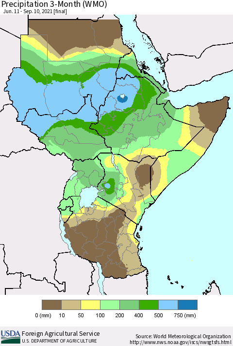 Eastern Africa Precipitation 3-Month (WMO) Thematic Map For 6/11/2021 - 9/10/2021