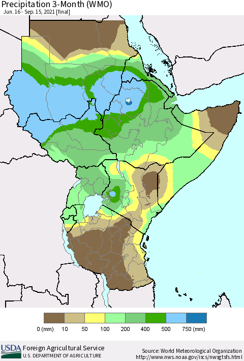 Eastern Africa Precipitation 3-Month (WMO) Thematic Map For 6/16/2021 - 9/15/2021