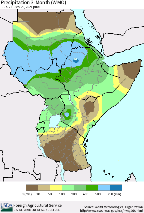 Eastern Africa Precipitation 3-Month (WMO) Thematic Map For 6/21/2021 - 9/20/2021