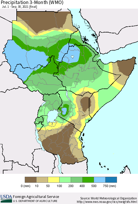 Eastern Africa Precipitation 3-Month (WMO) Thematic Map For 7/1/2021 - 9/30/2021