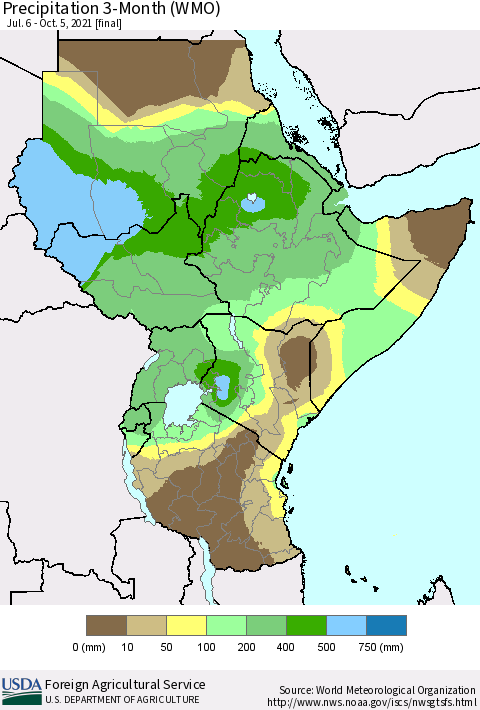 Eastern Africa Precipitation 3-Month (WMO) Thematic Map For 7/6/2021 - 10/5/2021