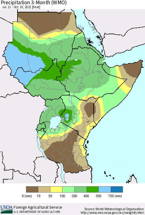 Eastern Africa Precipitation 3-Month (WMO) Thematic Map For 7/11/2021 - 10/10/2021