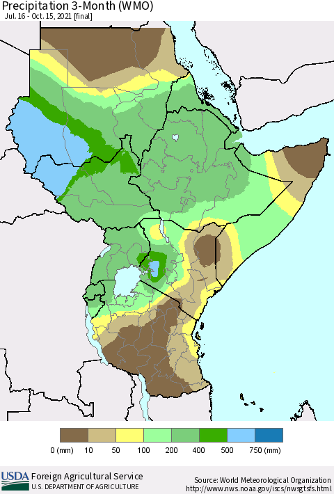 Eastern Africa Precipitation 3-Month (WMO) Thematic Map For 7/16/2021 - 10/15/2021