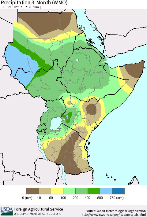 Eastern Africa Precipitation 3-Month (WMO) Thematic Map For 7/21/2021 - 10/20/2021