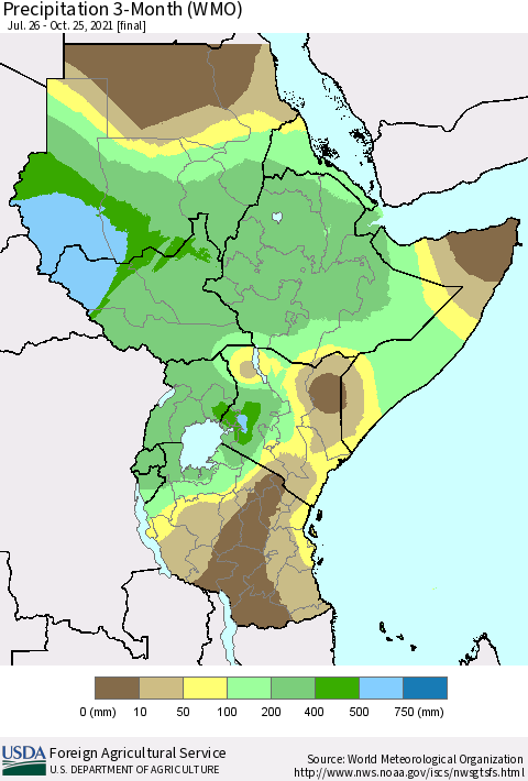 Eastern Africa Precipitation 3-Month (WMO) Thematic Map For 7/26/2021 - 10/25/2021