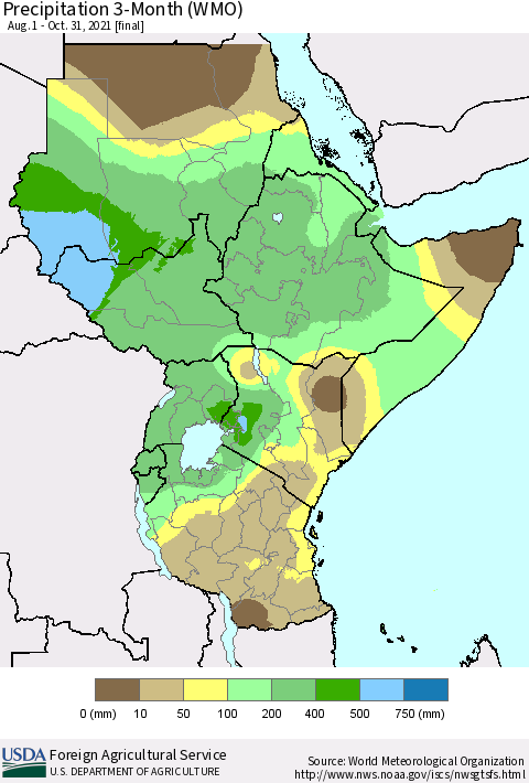 Eastern Africa Precipitation 3-Month (WMO) Thematic Map For 8/1/2021 - 10/31/2021