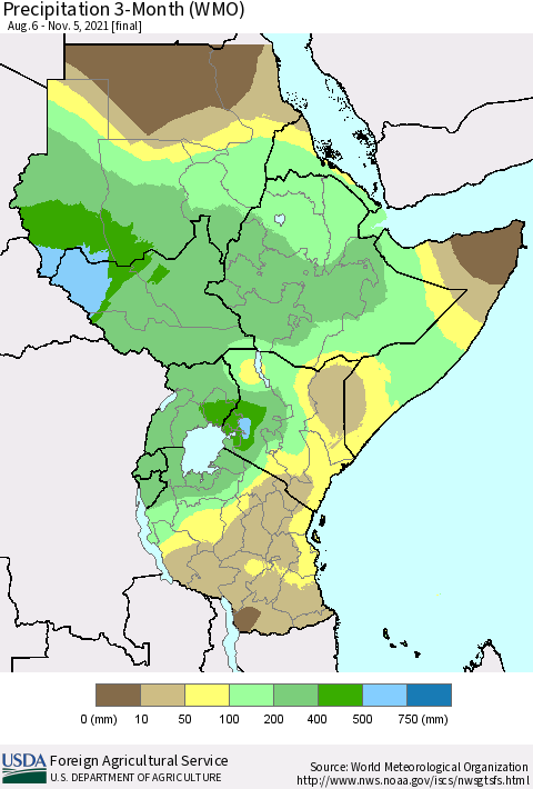 Eastern Africa Precipitation 3-Month (WMO) Thematic Map For 8/6/2021 - 11/5/2021