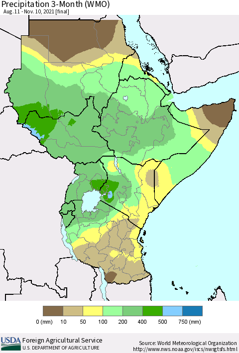 Eastern Africa Precipitation 3-Month (WMO) Thematic Map For 8/11/2021 - 11/10/2021