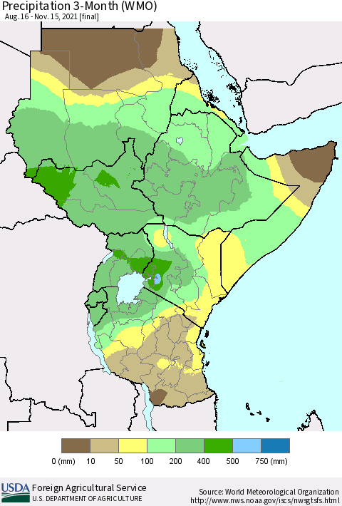 Eastern Africa Precipitation 3-Month (WMO) Thematic Map For 8/16/2021 - 11/15/2021