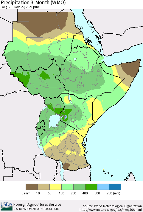 Eastern Africa Precipitation 3-Month (WMO) Thematic Map For 8/21/2021 - 11/20/2021
