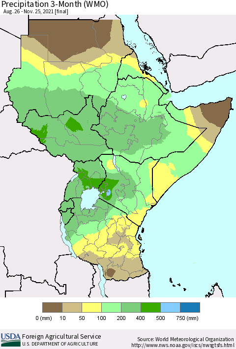 Eastern Africa Precipitation 3-Month (WMO) Thematic Map For 8/26/2021 - 11/25/2021
