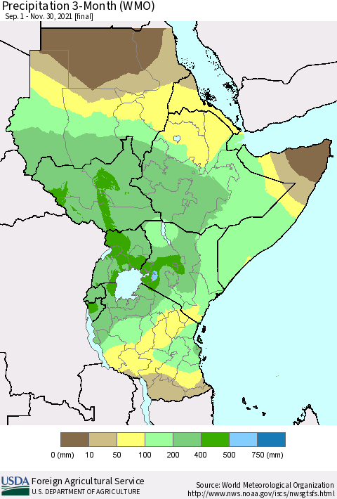 Eastern Africa Precipitation 3-Month (WMO) Thematic Map For 9/1/2021 - 11/30/2021