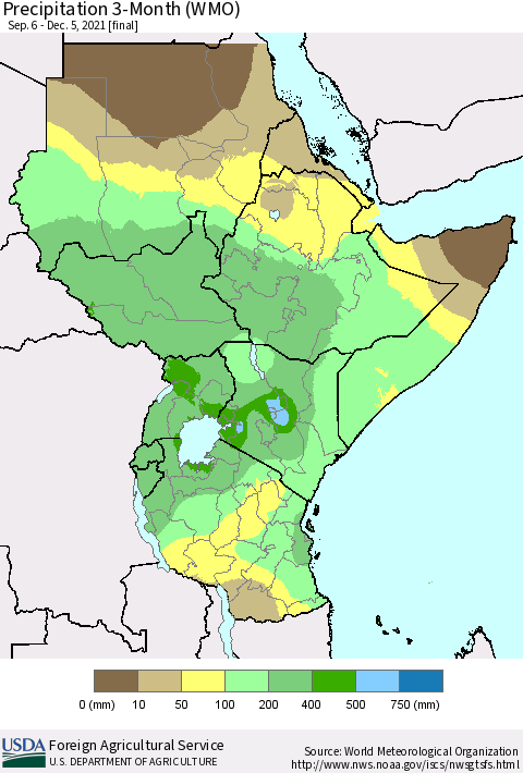 Eastern Africa Precipitation 3-Month (WMO) Thematic Map For 9/6/2021 - 12/5/2021