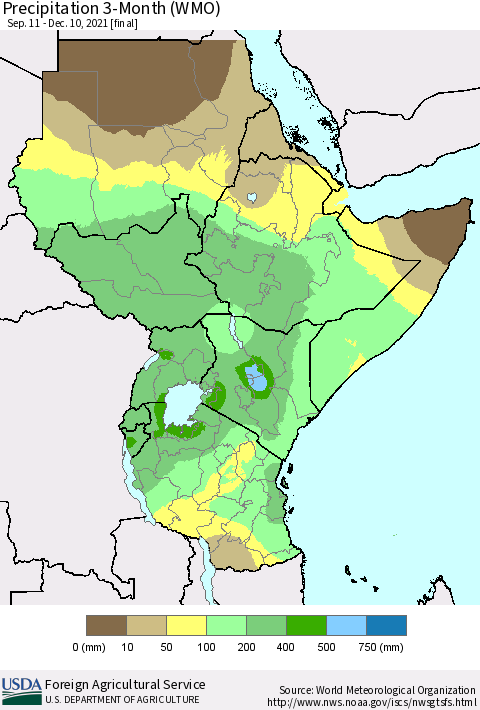 Eastern Africa Precipitation 3-Month (WMO) Thematic Map For 9/11/2021 - 12/10/2021