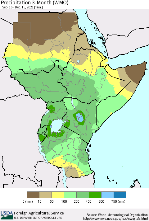 Eastern Africa Precipitation 3-Month (WMO) Thematic Map For 9/16/2021 - 12/15/2021