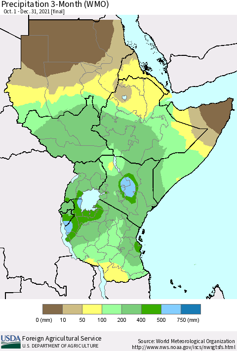Eastern Africa Precipitation 3-Month (WMO) Thematic Map For 10/1/2021 - 12/31/2021