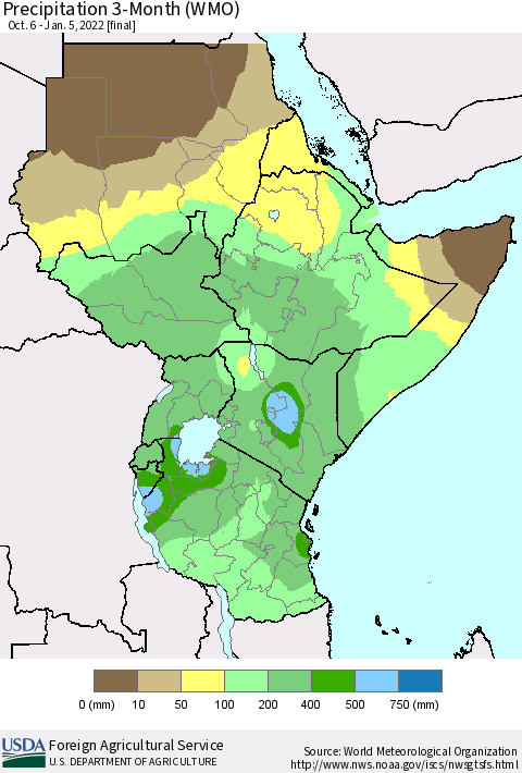 Eastern Africa Precipitation 3-Month (WMO) Thematic Map For 10/6/2021 - 1/5/2022