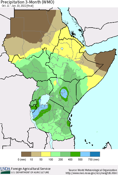 Eastern Africa Precipitation 3-Month (WMO) Thematic Map For 10/11/2021 - 1/10/2022