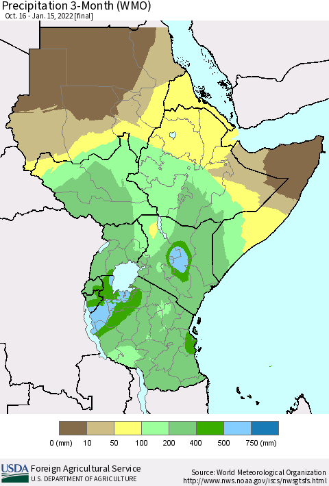 Eastern Africa Precipitation 3-Month (WMO) Thematic Map For 10/16/2021 - 1/15/2022