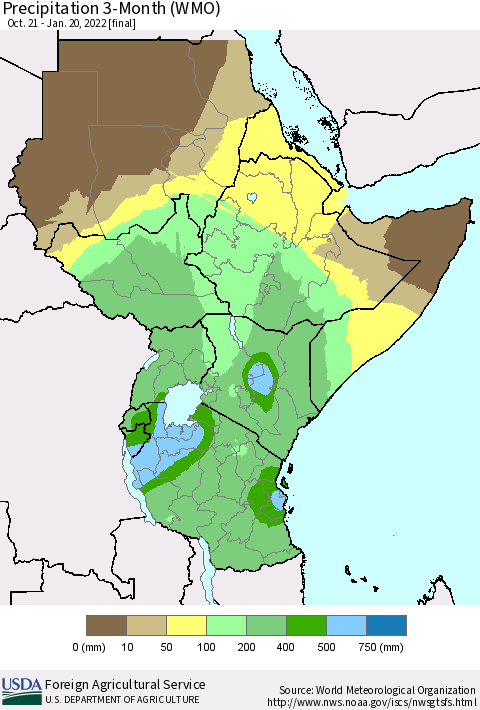Eastern Africa Precipitation 3-Month (WMO) Thematic Map For 10/21/2021 - 1/20/2022