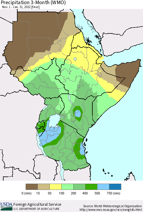 Eastern Africa Precipitation 3-Month (WMO) Thematic Map For 11/1/2021 - 1/31/2022