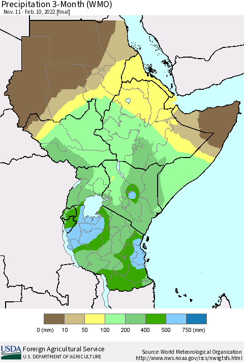 Eastern Africa Precipitation 3-Month (WMO) Thematic Map For 11/11/2021 - 2/10/2022