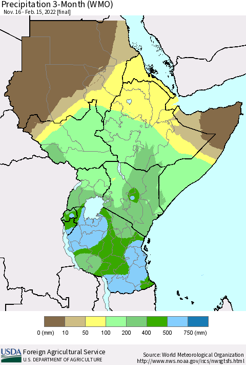 Eastern Africa Precipitation 3-Month (WMO) Thematic Map For 11/16/2021 - 2/15/2022