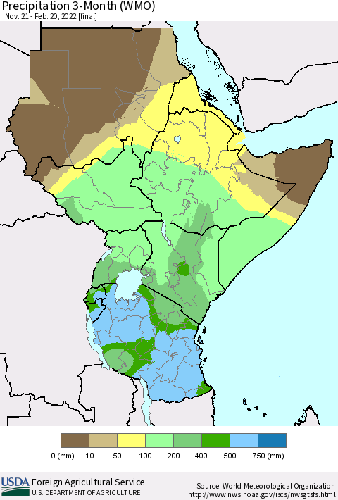 Eastern Africa Precipitation 3-Month (WMO) Thematic Map For 11/21/2021 - 2/20/2022