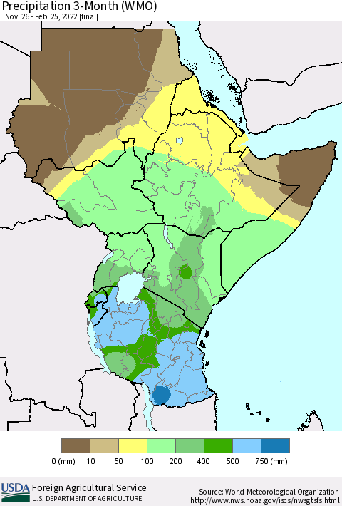 Eastern Africa Precipitation 3-Month (WMO) Thematic Map For 11/26/2021 - 2/25/2022