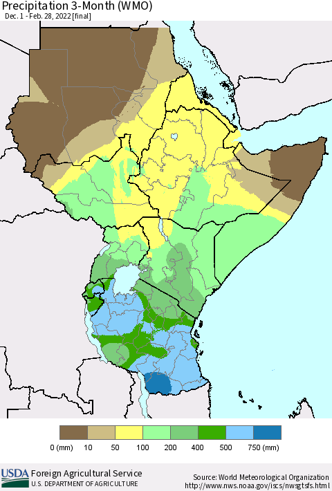 Eastern Africa Precipitation 3-Month (WMO) Thematic Map For 12/1/2021 - 2/28/2022