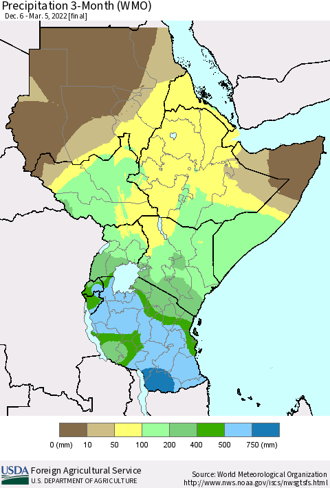 Eastern Africa Precipitation 3-Month (WMO) Thematic Map For 12/6/2021 - 3/5/2022