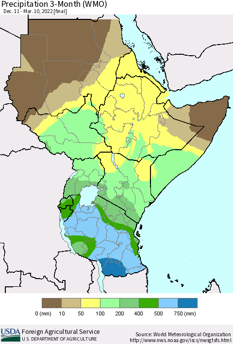 Eastern Africa Precipitation 3-Month (WMO) Thematic Map For 12/11/2021 - 3/10/2022