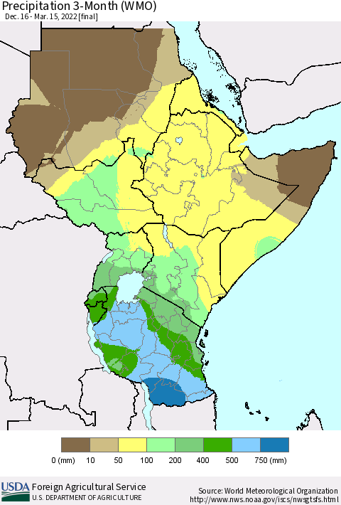 Eastern Africa Precipitation 3-Month (WMO) Thematic Map For 12/16/2021 - 3/15/2022
