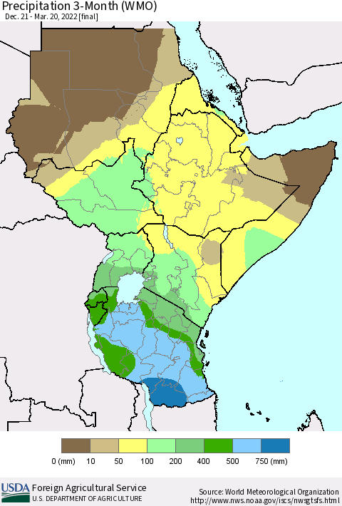Eastern Africa Precipitation 3-Month (WMO) Thematic Map For 12/21/2021 - 3/20/2022