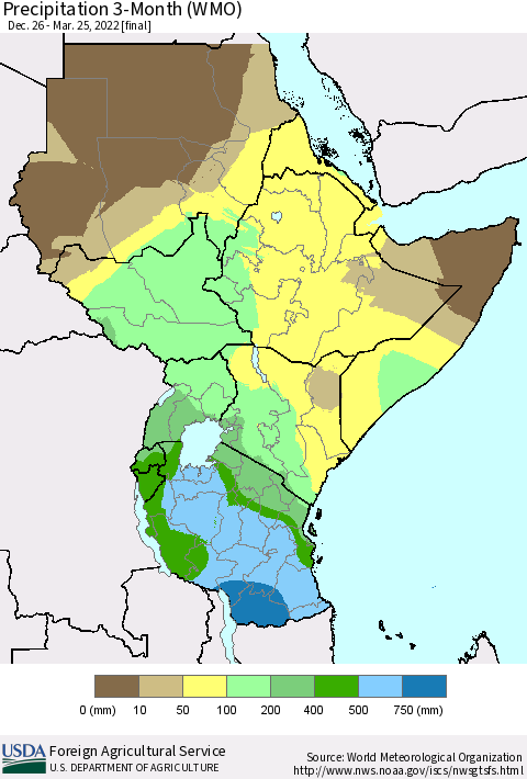 Eastern Africa Precipitation 3-Month (WMO) Thematic Map For 12/26/2021 - 3/25/2022