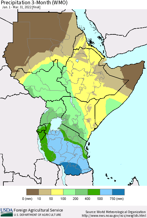 Eastern Africa Precipitation 3-Month (WMO) Thematic Map For 1/1/2022 - 3/31/2022